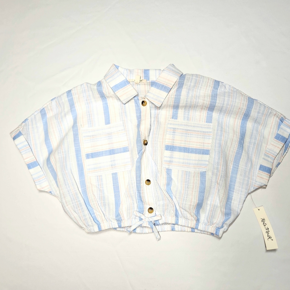 NWT Kate Mack Striped Cropped Button-Down Shirt Size 10 Colors Blue White Pink